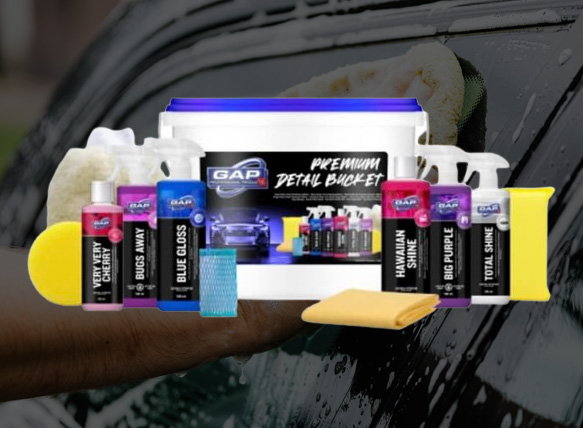 Gap Detailing products in different presentations over a car washing background